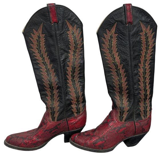 Larry Mahan Western Boots Womens 8.5B Python Snakeskin Red Color Block Rodeo - Picture 5 of 12
